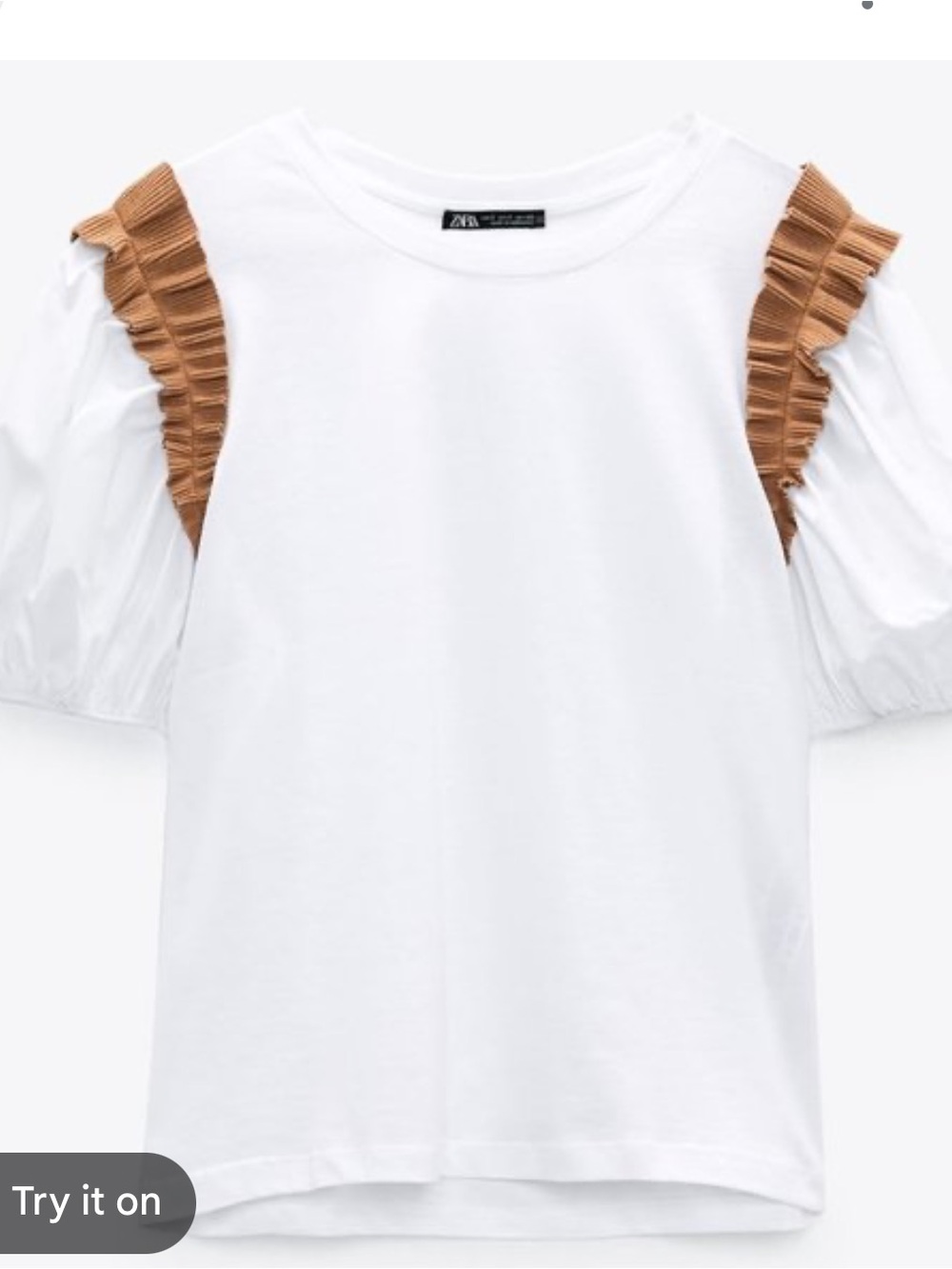Zara White Tee with Tan Ruffle Puff Sleeve Accents